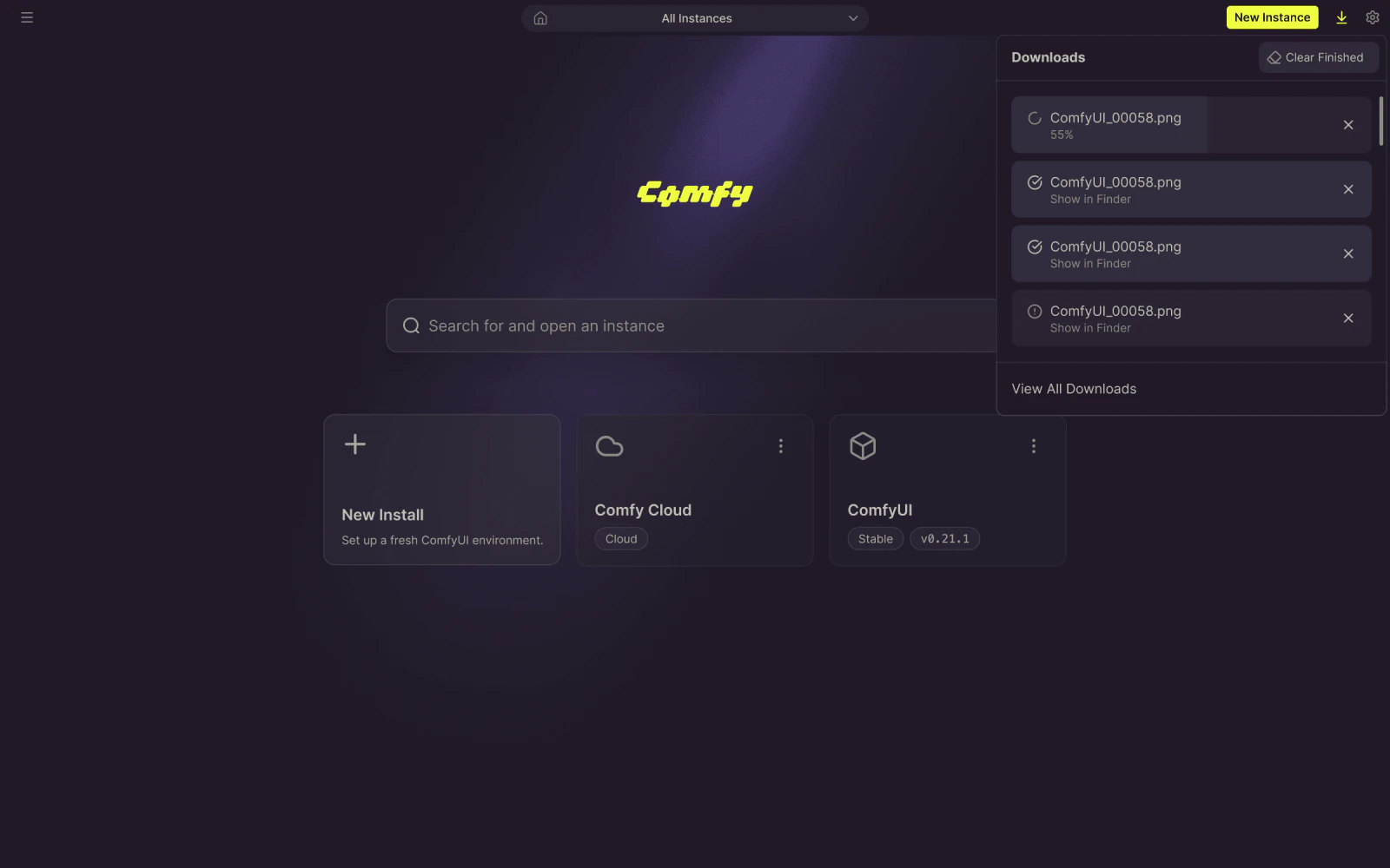 Comfy desktop instance manager with installation cards, Comfy Cloud and a downloads drawer