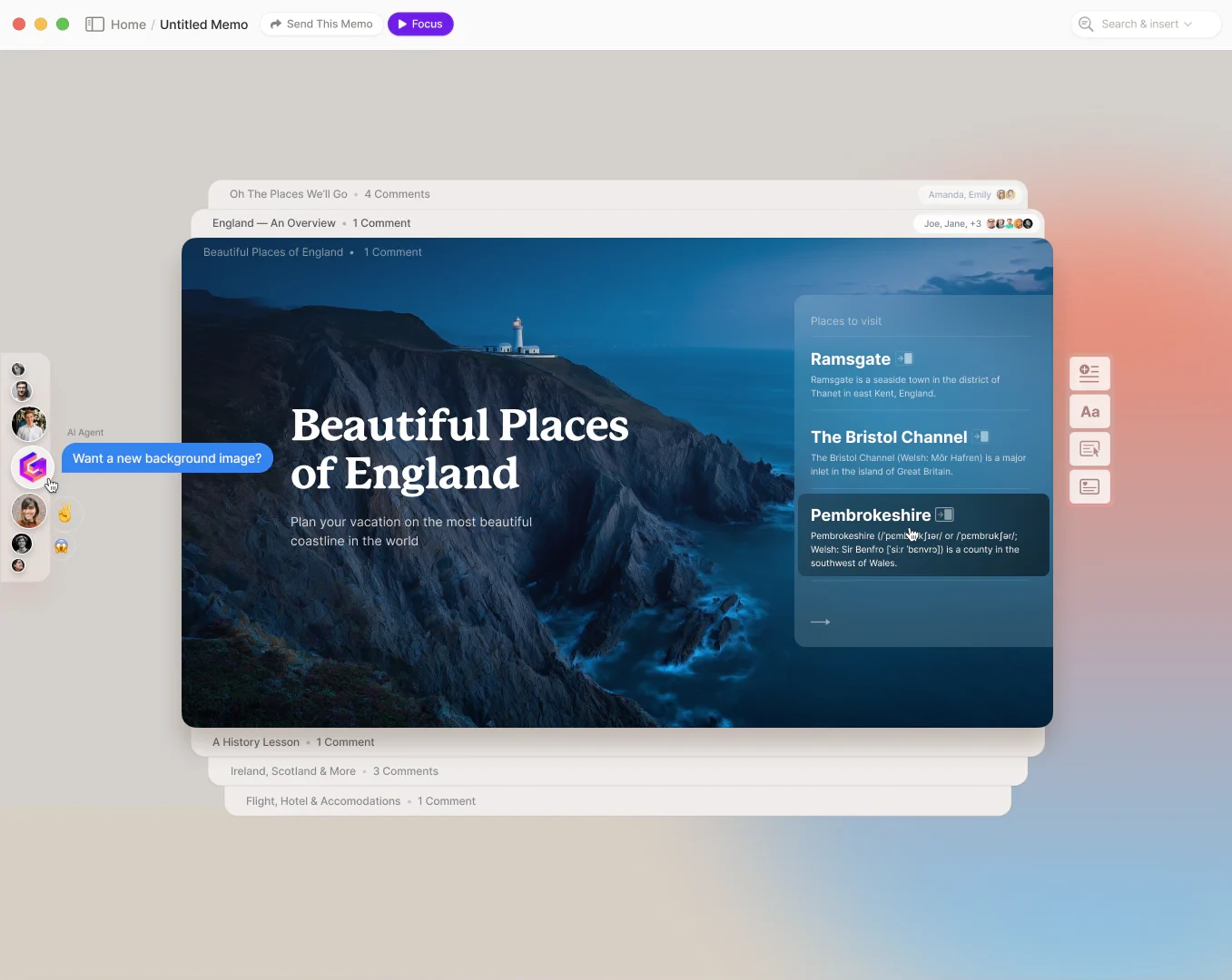 The Gamma editor showing a stacked card deck titled "Beautiful Places of England".